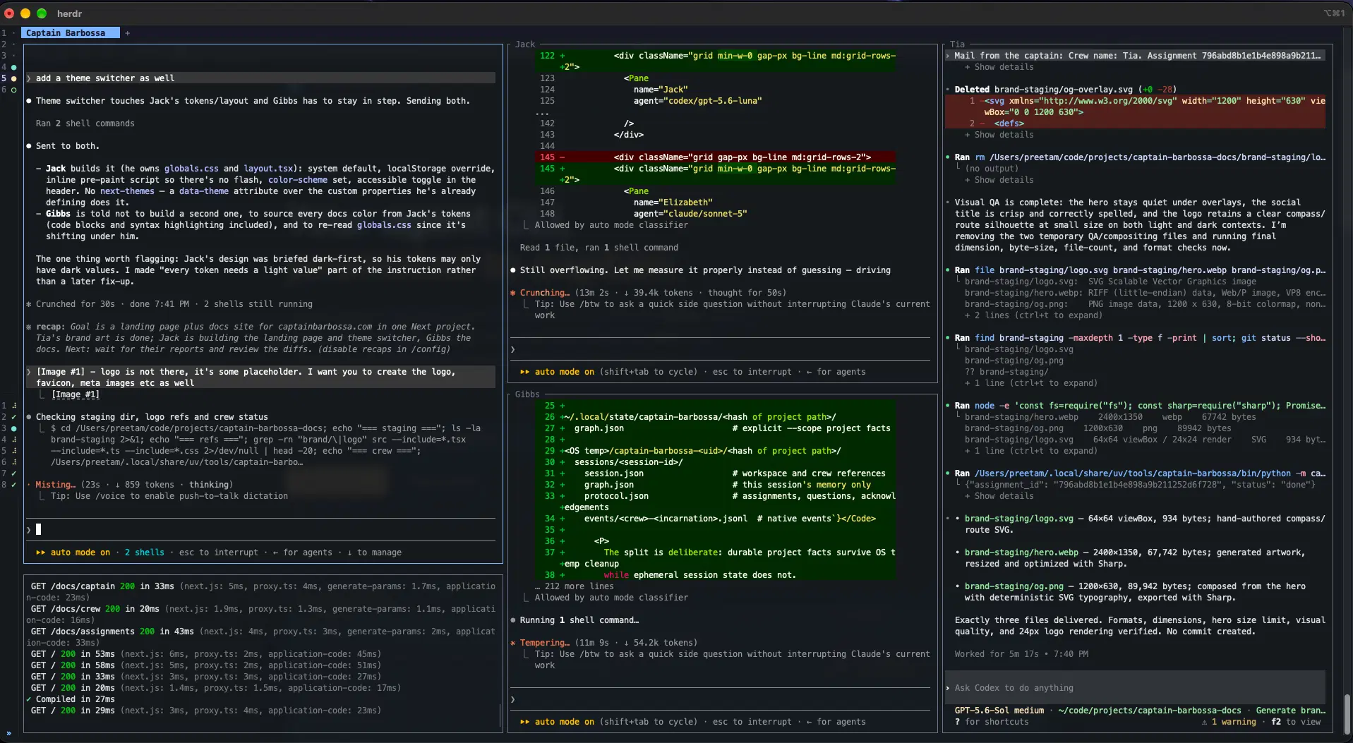 A Herdr terminal workspace on a tab named Captain Barbossa, split into four panes. At the left the captain agent discusses adding a theme switcher, with a dev-server request log beneath it. In the middle, a pane labelled Jack shows a JSX diff and a pane labelled Gibbs shows memory-scope file paths. At the right, a pane labelled Tia reports the generated logo, hero and Open Graph files with their dimensions and byte sizes.